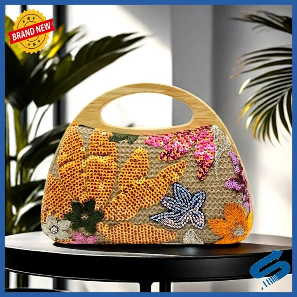 Sequined Embroidered Flower Evening Clutch Bohemian Woven Wooden Handle Chain